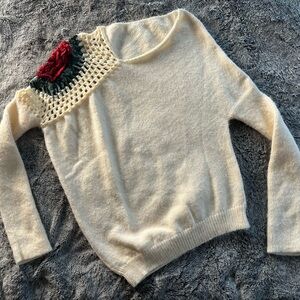 SHEIN Cream asymmetrical Sweater with Floral Accent